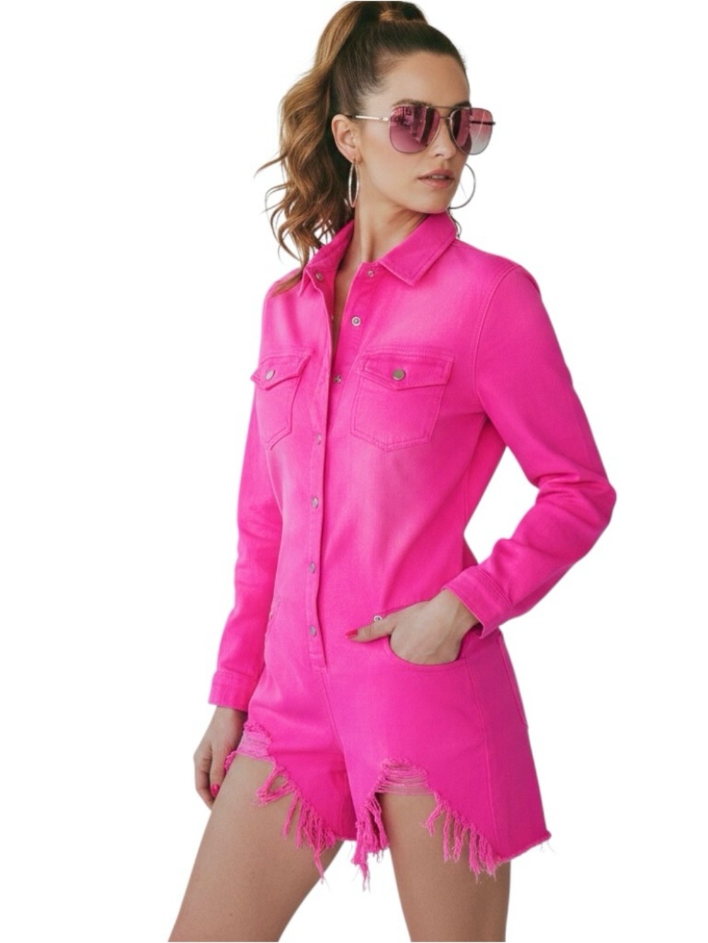 Athina Pink Denim Jumper Shorts Long Sleeve Distress Pockets Sz S